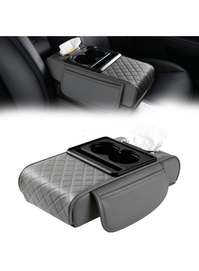 Bukela Multifunctional PU Leather Car Armrest Box Mat Organizer with Cup Holders, Universal 5‑in‑1 Central Elbow Storage Box Mat, Fit for Most Vehicle Models, Gray - Image 1